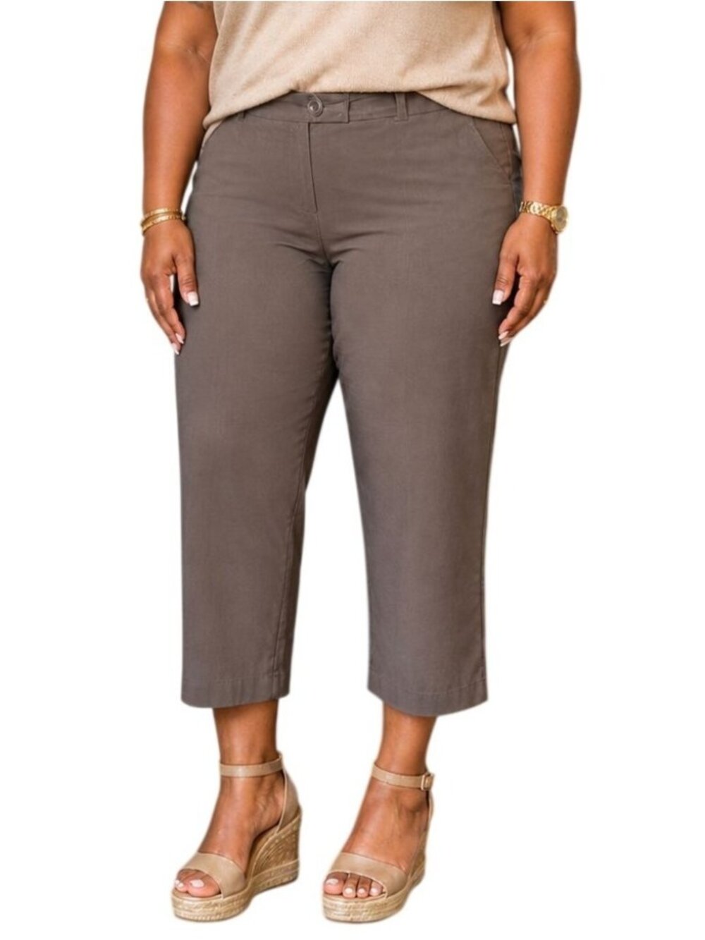 Lane Bryant Plus Size 20 Capri Pants Cropped Brown Stretch Waist Button Detail